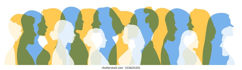 Silhouette group of Ukrainian women and man who talk and share ideas and information. Communication and friendship women or girls of diverse cultures. Ukraine people is strong and brave