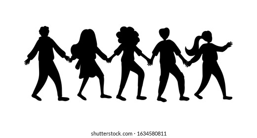 silhouette of a group of walking people holding hands. Vector illustration in flat style. concept for team building, friendship, and family.