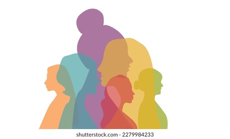 Grupo de mujeres de silueta. Comunicación y amistad entre mujeres y niñas de diversas culturas, vector