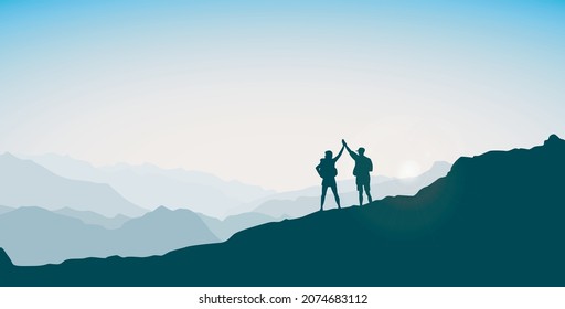 Silhouette group of young man celebrating success on top mountain, sky and sun light background. Business, teamwork, achievement and people concept. Vector illustration.