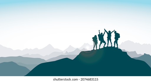 Silhouette group of young man celebrating success on top mountain, sky and sun light background. Business, teamwork, achievement and people concept. Vector illustration.