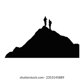 Silhouette group of young man celebrating success on top mountain.
