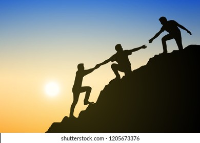 Silhouette group of young man helping each other hike up a mountain on sun and sky background. Business, success, leadership, achievement and goal concept. Vector illustration.