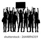 Silhouette of a group of young people demonstrating, young people holding banners, isolated icon on white background	