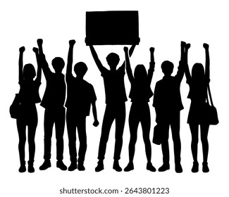 Silhouette of a group of young people demonstrating, young people holding banners, isolated icon on white background