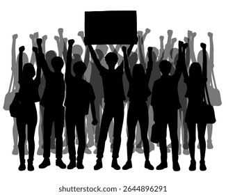 Silhouette of a group of young people demonstrating, young people holding banners, isolated icon on white background	
