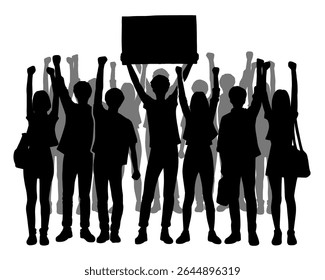 Silhouette of a group of young people demonstrating, young people holding banners, isolated icon on white background	