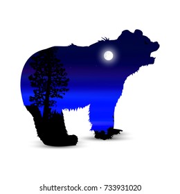 Silhouette of growling bear with neon lights of sky. Moonlight.