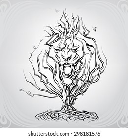 Silhouette of the growling lion from a tree