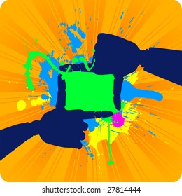 Silhouette of  grunge frame made of gold robotic hands. The drips can be removed without affecting the circle border.