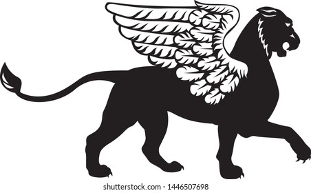 The silhouette of a Gryphon with a lion's head and white wings. Vector symbol