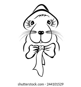 Silhouette of a guinea pig in a hat. Lady. Vector illustration