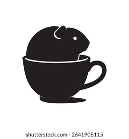 Silhouette of a guinea pig sitting inside of a teacup on a white background in a vector graphic