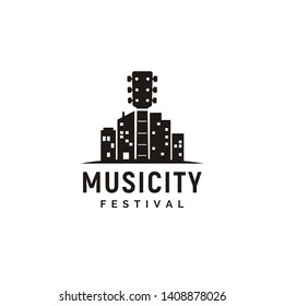 Silhouette of Guitar with City Building cityscape for Music Skyline Logo design