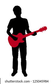 silhouette of a guitar with an electric guitar on white background