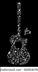 Silhouette guitar made in floral pattern. Hand drawn stock vector illustration.