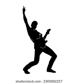 Silhouette of a guitar player musician in performing pose. Silhouette of a male guitarist in action pose.