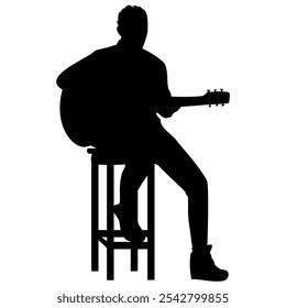 The silhouette of the guitar player is sitting on a tall chair. Perfect for stickers, icons and elements or advertising ornaments