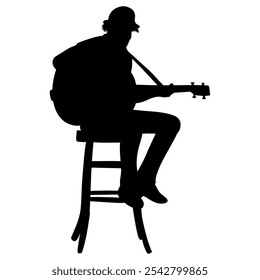 The silhouette of the guitar player is sitting on a tall chair. Perfect for stickers, icons and elements or advertising ornaments