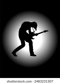 silhouette of a guitar player, white light behind, on a black background