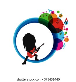 silhouette guitarist with abstract melody, isolated on white background