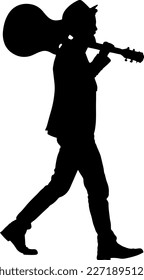 Silhouette of guitarist holding his guitar on his shoulder while walking, Cutout of man walking with guitar in hand