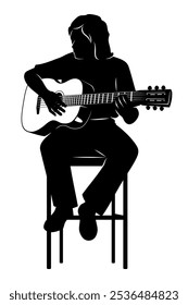 Silhouette des Gitarristen Mann sitzen auf einem Stuhl und spielen auf akustische Gitarre. Vektorclipart einzeln auf Weiß.