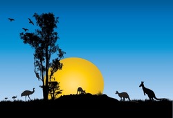 Silhouette Of Gum Trees With Yellow Moon At Sunset With Kangaroos Feeding. Vector Illustration.