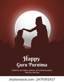 Silhouette of a guru blessing a disciple under the full moon. Celebrate Guru Purnima with gratitude and reverence.