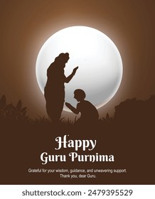 Silueta de un Gurú bendiciendo a un discípulo bajo la luna llena, celebrando al Gurú Purnima. Fondo marrón con un tema sereno, espiritual. Ideal para diseños culturales y festivos.