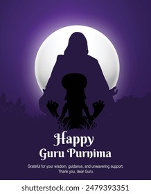 Silhouette of Guru and disciple under full moon. Celebrate wisdom and guidance. Happy Guru Purnima - Gratitude for unwavering support.