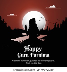 Silhouette of a guru giving blessings with a full moon backdrop. Celebrate Guru Purnima with gratitude and reverence.