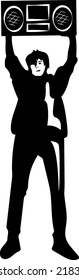 silhouette of a guy with a boombox. vintage print. music