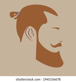 Silhouette Of A Guy. Facial Contours. Bearded Man With Top Knot. Stylish Guy. Male Head. Man Head Silhouette. Flat Colored Male Illustration.