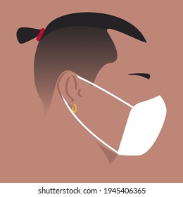 Silhouette Of A Guy. Facial Contours. Man In Mask. Stylish Guy With Top Knot. Male Head. Man Head Silhouette. Flat Colored Male Illustration.