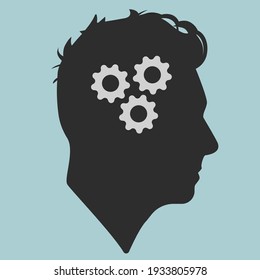 Silhouette. Silhouette of a guy with gears in head. Facial contours. Stylish man. Male head. Man head silhouette. Flat grey male illustration.