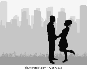 silhouette of guy and girl, love on city background, vector