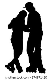 Silhouette of a guy and a girl on roller skates