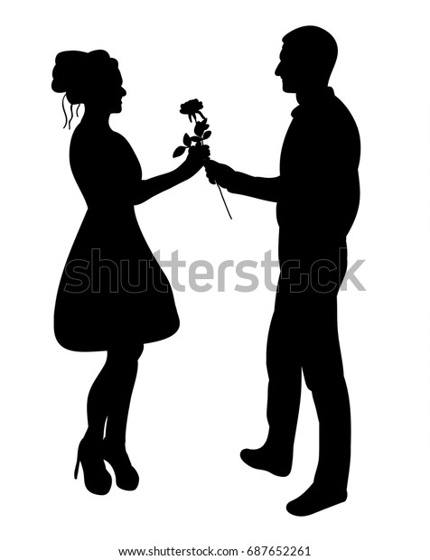 Silhouette Guy Giving Flowers Girl Stock Vector (Royalty Free) 687652261