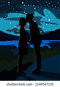 Silhouette of a guy in love who kisses a girl on the forehead against the backdrop of a landscape with a starry sky.