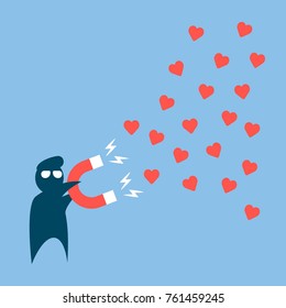 Silhouette guy or male holding horseshoe magnet attracting or pulling love from anywhere.