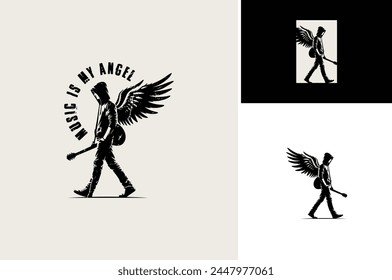 Silhouette of a guy or man with angel wings bring a guitar while walking. Rustic art illustration for music, musician, guitarist, band, or busker logo design.