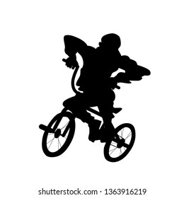Silhouette of guy on bmx bicycle. Vector black and white illustration. Cutout isolated object. Sports goods elements.