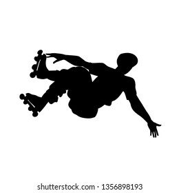 Silhouette of guy on roller skates. Guy make a stunt. Vector black and white illustration. Cutout isolated object. Sports goods elements.