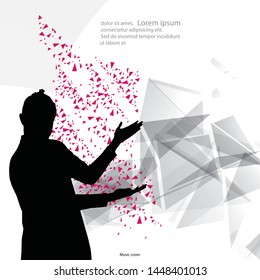 Silhouette of a guy pointing hands to the side on an abstract background. Music cover.  Image for print, flyer. Vector illustration.