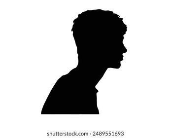 silhouette of a guy with tousled black hair on a white background.
