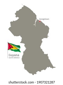 Silhouette of Guyana country map. Gray editable map with waving national flag and Georgetown city capital, South America country territory borders vector illustration on white background