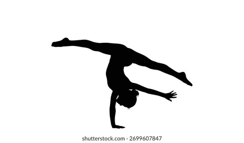 A silhouette of a gymnast in a dynamic handstand position against a white backdrop, highlighting the athlete's exceptional balance, strength, and flexibility.