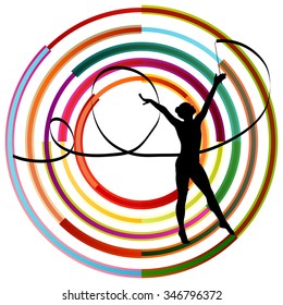 Silhouette of gymnast girl art gymnastics with ribbon abstract colorful circle background concept vector