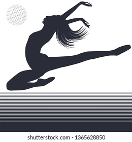 Silhouette of a gymnast in a jump - decor element black and white lines - isolated - flat style - vector